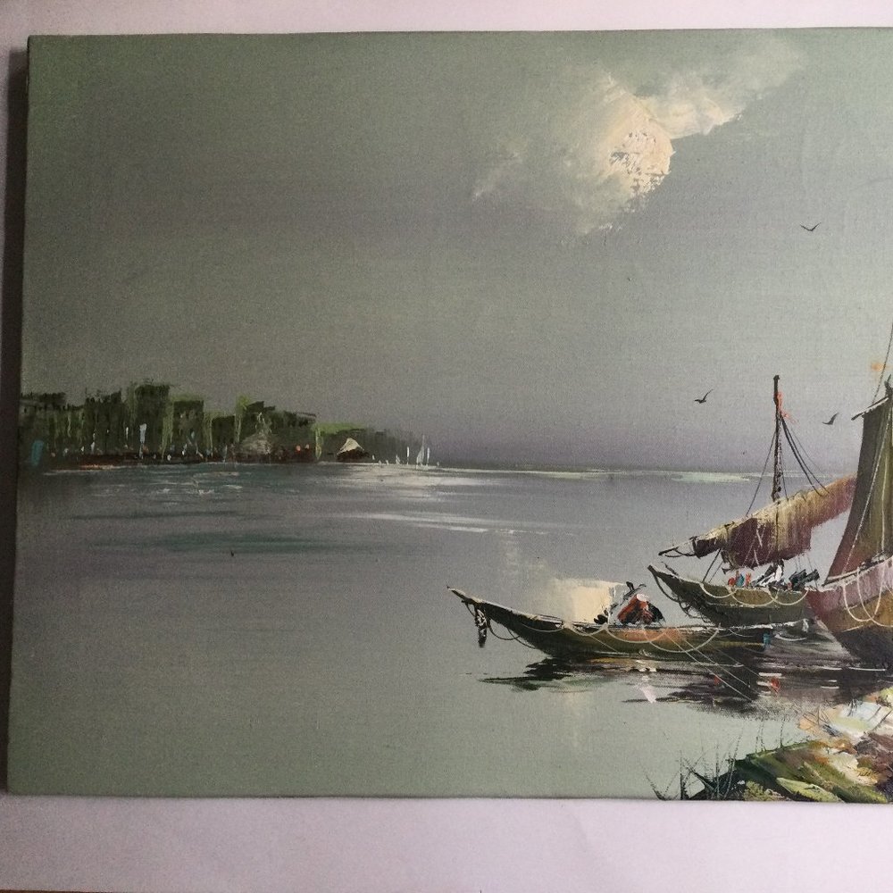 Original painting on canvas lake boats landscape nature signed wall hanging